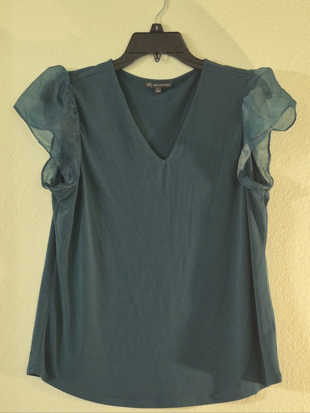 Adrianna Papell Teal V-Neck Blouse with Sheer Flutter Sleeves - Picture 1 of 2